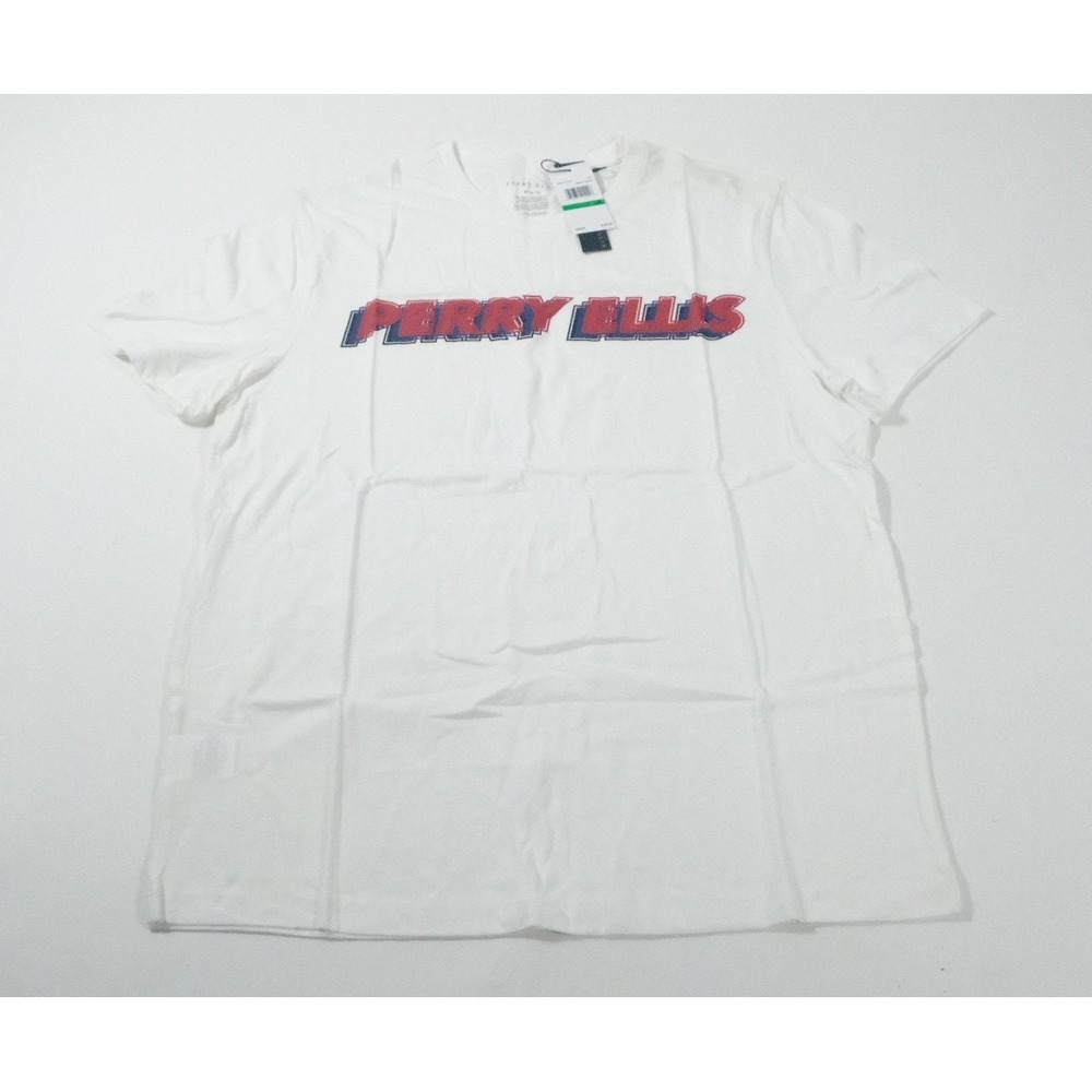 Perry Ellis T Shirt Mens Medium White Logo Graphic Crew Neck Short Sleeve Cotton